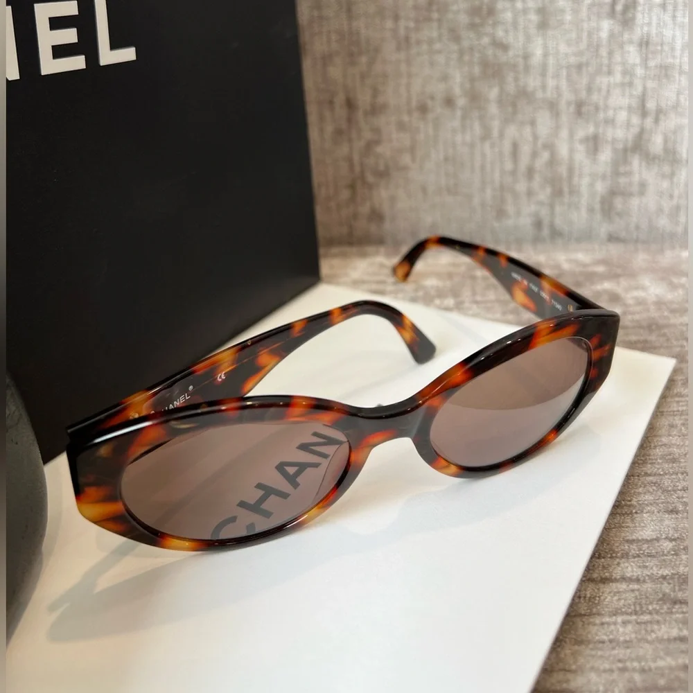 Auth CHANEL Havana Gold Tortoise Shell Sunglasses Gold CC Oval Cat eye ❤️‍🔥